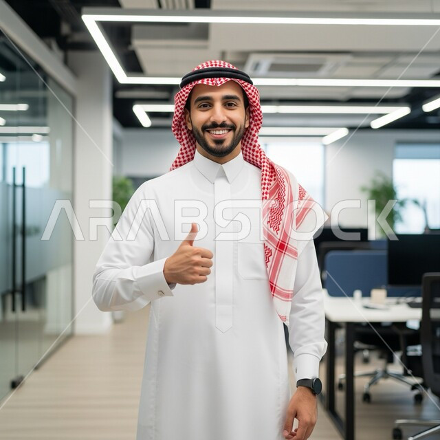 Comfortable work environment in Saudi companies, looking at the camera with expressions of pleasure and happiness, office profession and job, a smiling Saudi Arabian Gulf man wearing a traditional shemagh and thobe raising his thumb up with gestures of admiration, acceptance and satisfaction inside the office at the company headquarters
