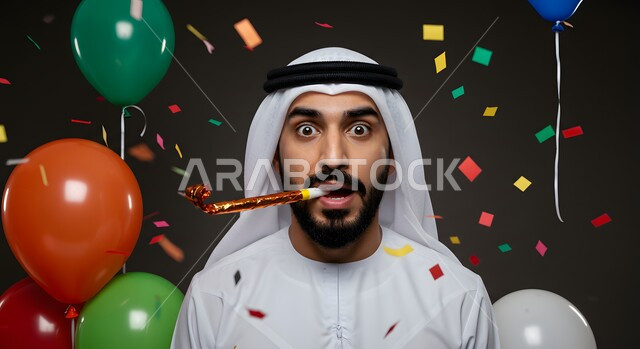 زينة وبلالين ومفرقعات ورقية ملونة، صورة مقربة لرجل عربي خليجي اماراتي يرتدي الكندورة والغترة يمسك بيده بالون ملون يضع قبعة العيد الذهبية، الاحتفال بالمناسبات وأعياد الميلاد
