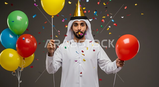 زينة وبلالين ومفرقعات ورقية ملونة، صورة مقربة لرجل عربي خليجي اماراتي يرتدي الكندورة والغترة يمسك بيده بالون ملون يضع قبعة العيد الذهبية، الاحتفال بالمناسبات وأعياد الميلاد