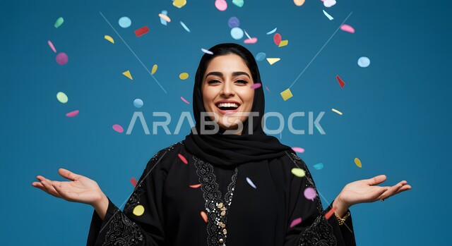 أوراق زينة وقصاصات صغيرة ملونة, النظر إلى الكاميرا بإيماءات السعادة والسرور, الاحتفال بالأعياد والمناسبات السعيدة, بورتريه مقرب لامرأة عربية خليجية سعودية مبتسمة محجبة ترتدي العباءة السوداء ترفع يديها للأعلى بتعابير البهجة والفرح, خلفية زرقاء