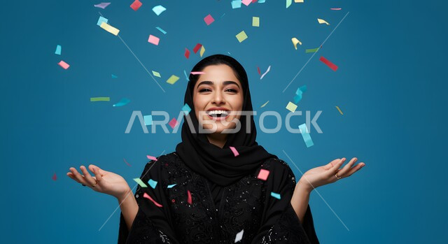 أوراق زينة وقصاصات صغيرة ملونة, النظر إلى الكاميرا بإيماءات السعادة والسرور, الاحتفال بالأعياد والمناسبات السعيدة, بورتريه مقرب لامرأة عربية خليجية سعودية مبتسمة محجبة ترتدي العباءة السوداء ترفع يديها للأعلى بتعابير البهجة والفرح, خلفية زرقاء