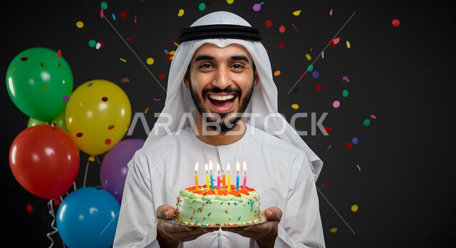  الاحتفال بالمناسبات وأعياد الميلاد، زينة وبلالين ومفرقعات ورقية ملونة، صورة مقربة لرجل عربي خليجي اماراتي يرتدي الكندورة والغترة يمسك بيده قالب الكيك الشهي المزينة بالكريمة المخفوقة، أطعمة وحلويات لذيذة، معجنات طازجة مخبوزة في الفرن