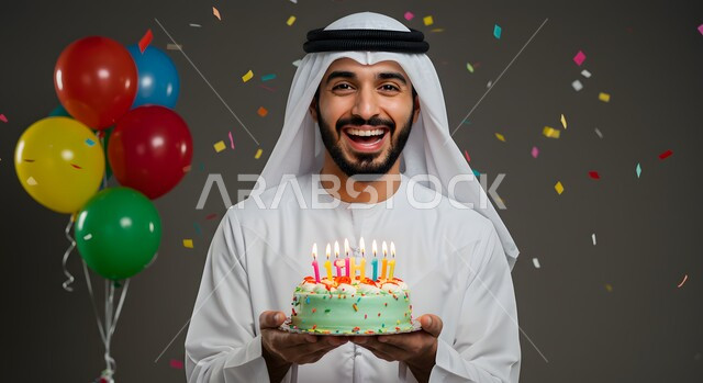  الاحتفال بالمناسبات وأعياد الميلاد، زينة وبلالين ومفرقعات ورقية ملونة، صورة مقربة لرجل عربي خليجي اماراتي يرتدي الكندورة والغترة يمسك بيده قالب الكيك الشهي المزينة بالكريمة المخفوقة، أطعمة وحلويات لذيذة، معجنات طازجة مخبوزة في الفرن