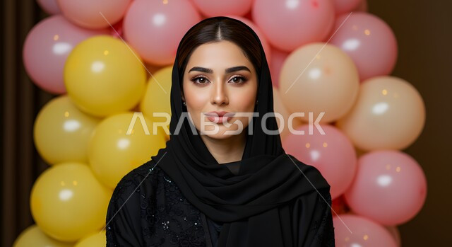 مجموعة بلالين ملونة, النظر إلى الكاميرا بإيماءات السعادة والسرور, الاحتفال بالأعياد والمناسبات السعيدة, صورة مقربة لامرأة عربية خليجية سعودية مبتسمة محجبة ترتدي العباءة السوداء بتعابير البهجة والفرح