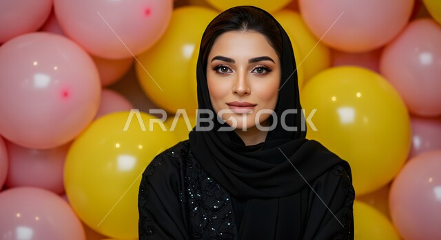 مجموعة بلالين ملونة, النظر إلى الكاميرا بإيماءات السعادة والسرور, الاحتفال بالأعياد والمناسبات السعيدة, صورة مقربة لامرأة عربية خليجية سعودية مبتسمة محجبة ترتدي العباءة السوداء بتعابير البهجة والفرح