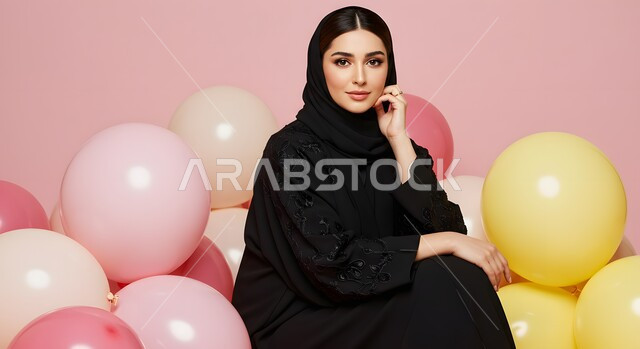 مجموعة بلالين ملونة, النظر إلى الكاميرا بإيماءات السعادة والسرور, الاحتفال بالأعياد والمناسبات السعيدة, صورة مقربة لامرأة عربية خليجية سعودية مبتسمة محجبة ترتدي العباءة السوداء بتعابير البهجة والفرح