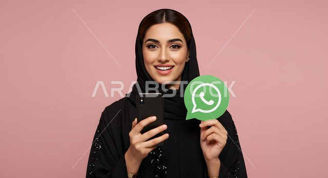 تطبيقات الهاتف المحمول، تصفح وسائل التواصل الاجتماعي، بورتريه مقرب لإمرأة عربية خليجية سعودية ترتدي الحجاب والعباءة تمسك بيدها الموبايل وشعار تطبيق الواتساب، ايقونة برنامج السوشل ميديا، خلفية وردية