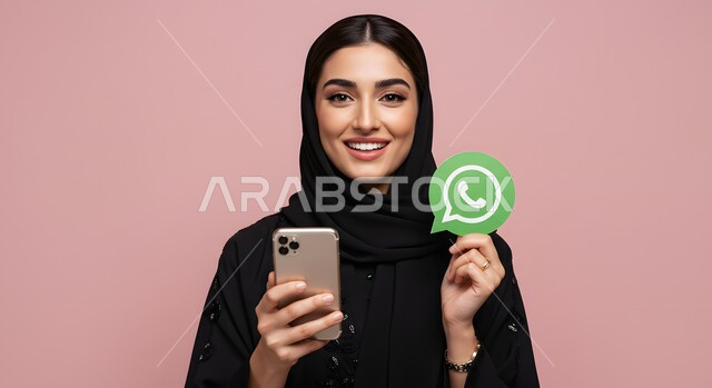 تطبيقات الهاتف المحمول، تصفح وسائل التواصل الاجتماعي، بورتريه مقرب لإمرأة عربية خليجية سعودية ترتدي الحجاب والعباءة تمسك بيدها الموبايل وشعار تطبيق الواتساب، ايقونة برنامج السوشل ميديا، خلفية وردية