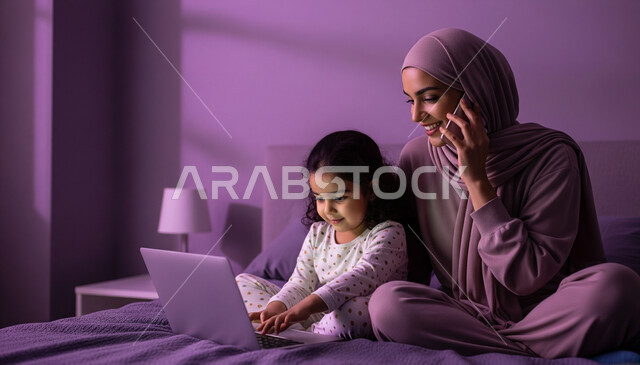 استخدام الجهاز التقني الحديث للتسلية والترفيه، فتاة عربية خليجية سعودية ترتدي البيجامة تجلس بجانب والدتها على السرير وتستخدم الحاسب المحمول، اجراء مكالمة هاتفية عبر الجوال، التواصل مع الأصدقاء والأقارب