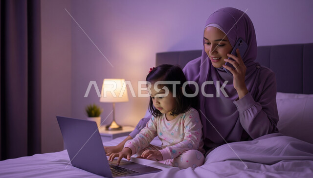 استخدام الجهاز التقني الحديث للتسلية والترفيه، فتاة عربية خليجية سعودية ترتدي البيجامة تجلس بجانب والدتها على السرير وتستخدم الحاسب المحمول، اجراء مكالمة هاتفية عبر الجوال، التواصل مع الأصدقاء والأقارب