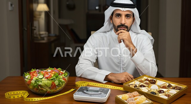 ضرورة الإلتزام بحمية غذائية صحية، محاولة إيجاد حل للمشاكل الصحية،، رجل عربي خليجي اماراتي يرتدي الكندورة والغترة يجلس امام طاولة عليها طبق حلويات وسلطة، الحيرة في اختيار وجبة الطعام