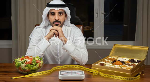 ضرورة الإلتزام بحمية غذائية صحية، محاولة إيجاد حل للمشاكل الصحية،، رجل عربي خليجي اماراتي يرتدي الكندورة والغترة يجلس امام طاولة عليها طبق حلويات وسلطة، الحيرة في اختيار وجبة الطعام