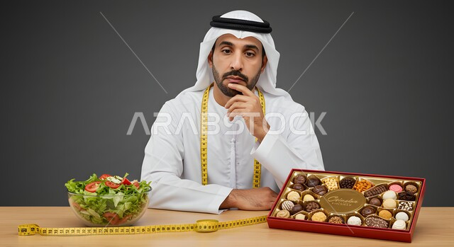 ضرورة الإلتزام بحمية غذائية صحية، محاولة إيجاد حل للمشاكل الصحية،، رجل عربي خليجي اماراتي يرتدي الكندورة والغترة يجلس امام طاولة عليها طبق حلويات وسلطة، الحيرة في اختيار وجبة الطعام