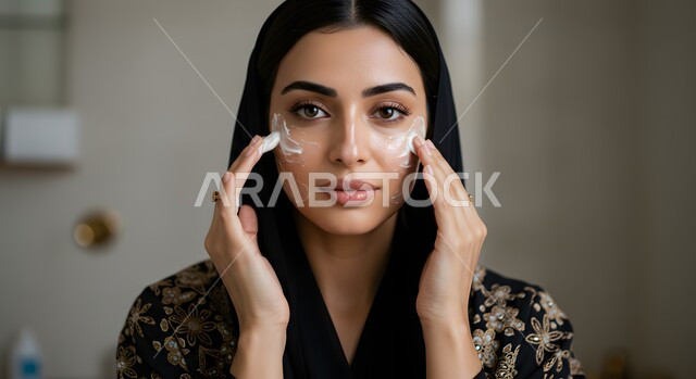 العناية بنضارة وتحسين البشرة، الاهتمام بالأناقة والمظهر الخارجي، صورة مقربة لسيدة عربية خليجية سعودية محجبة مبتسمة ترتدي العباءة تقوم بوضع كريم ترطيب الوجه بإيماءات السرور، استخدام كريمات ومكونات تجميلية