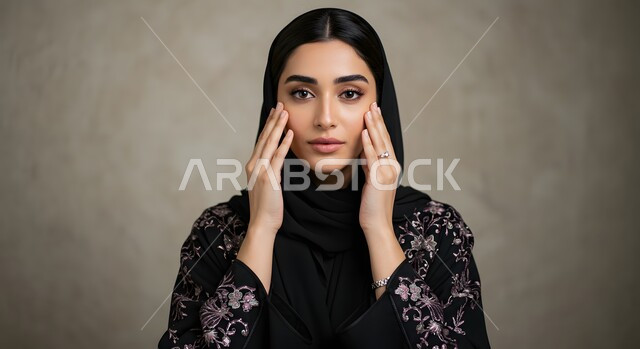 العناية بنضارة وتحسين البشرة، الاهتمام بالأناقة والمظهر الخارجي، صورة مقربة لسيدة عربية خليجية سعودية محجبة مبتسمة ترتدي العباءة تقوم بوضع كريم ترطيب الوجه بإيماءات السرور، استخدام كريمات ومكونات تجميلية
