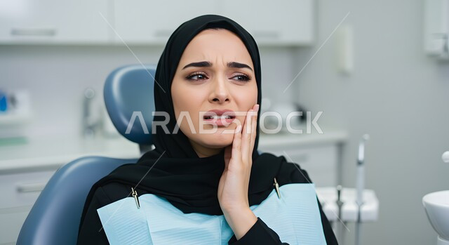 طلب العلاج و المساعده، تسوس الأضراس وإلتهاب اللثه، صورة مقربة لامرأه عربيه خليجيه سعوديه محجبة ترتدي عباءة وحجاب تضع يدها على خدها بإيماءات تدل على الشعور بألم الأسنان، زيارة عيادة طبيب الاسنان