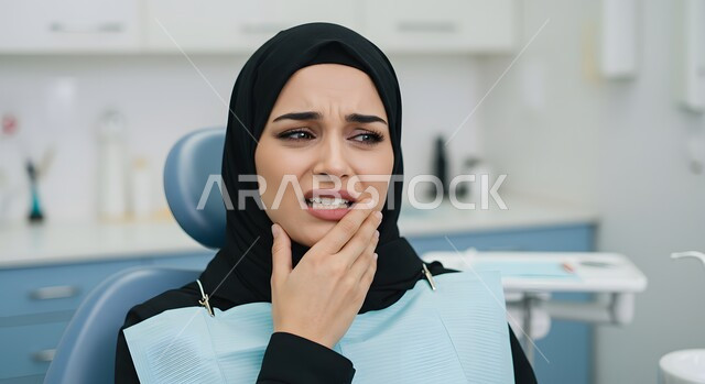 طلب العلاج و المساعده، تسوس الأضراس وإلتهاب اللثه، صورة مقربة لامرأه عربيه خليجيه سعوديه محجبة ترتدي عباءة وحجاب تضع يدها على خدها بإيماءات تدل على الشعور بألم الأسنان، زيارة عيادة طبيب الاسنان