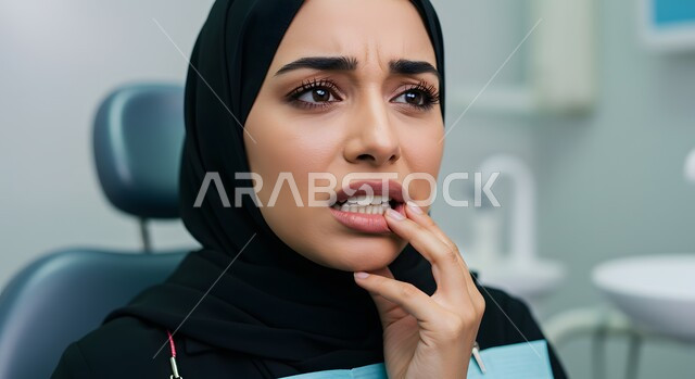 طلب العلاج و المساعده، تسوس الأضراس وإلتهاب اللثه، صورة مقربة لامرأه عربيه خليجيه سعوديه محجبة ترتدي عباءة وحجاب تضع يدها على خدها بإيماءات تدل على الشعور بألم الأسنان، زيارة عيادة طبيب الاسنان