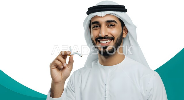التوقف عن اتباع العادات السلوكية الضارة وتعاطي المواد السامة، بورتريه مقرب لشاب عربي خليجي إماراتي يرتدي الغترة والكندورة يقوم بإتلاف السجائر، محاربة عادة التدخين، ايماءات السعادة للاقلاع عن ادمان الدخان، خلفية بيضاء
