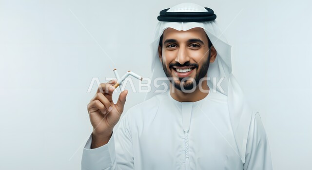 التوقف عن اتباع العادات السلوكية الضارة وتعاطي المواد السامة، بورتريه مقرب لشاب عربي خليجي إماراتي يرتدي الغترة والكندورة يقوم بإتلاف السجائر، محاربة عادة التدخين، ايماءات السعادة للاقلاع عن ادمان الدخان، خلفية بيضاء