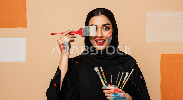 Learning, creativity and skill development, having fun, the concept of femininity and softness, a close-up of a Saudi Arabian Gulf woman wearing a hijab holding a watercolor brush in her hand standing in an art workshop, learning and the passion of love for drawing