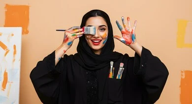 التعلم والابداع وتنمية المهارات، قضاء اوقات ممتعة، مفهوم الانوثة والنعومة, صورة مقربة لإمرأة عربية خليجية سعودية ترتدي الحجاب تمسك بيدها فرشاة الألوان المائية تقف في ورشة عمل فنية, التعلم وشغف حب الرسم