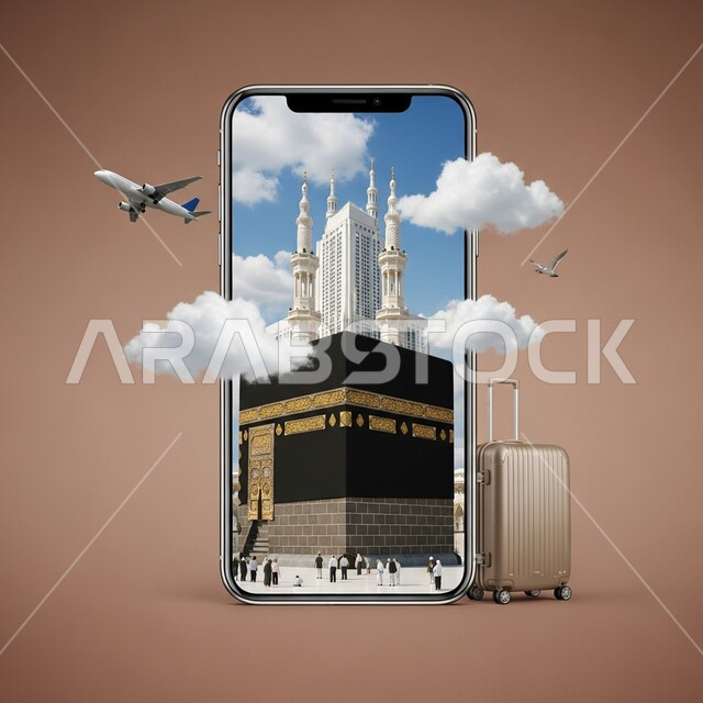 تطبيقات دليل الحاج والمعتمر على الهاتف المحمول، عرض الكعبة المشرفة والمآذن على الجوال، مكان اسلامي ديني مقدس في مكة المكرمة، موسم الحج في المملكة العربية السعودية، خلفية بيج