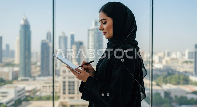  مهن ووظائف نسائية مكتبية سعودية، ادارة وانجاز المهام باستخدام جهاز تقني حديث ومتطور, إمرأة عربية خليجية سعودية مبتسمة ترتدي الحجاب والعباءة تعمل على جهاز التابلت في مقر الشركة, ايماءات وتعابير السرور والسعادة