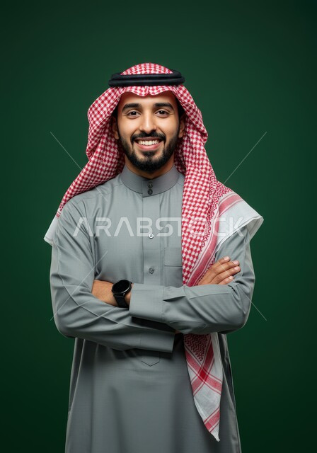 الوقوف بأيدي متقاطعة والشعور بالثقة في النفس، الاهتمام بالأناقة والمظهر الخارجي، بورتريه لرجل عربي خليجي سعودي مبتسم يرتدي الشماغ والثوب التقليدي  ينظر إلى الكاميرا بإيماءات وتعابير السرور والسعادة، خلفية خضراء