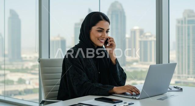  مهن ووظائف نسائية مكتبية سعودية، ادارة وانجاز المهام باستخدام جهاز تقني حديث ومتطور, إمرأة عربية خليجية سعودية مبتسمة ترتدي الحجاب والعباءة تعمل على الحاسوب المحمول في مقر الشركة, ايماءات وتعابير السرور والسعادة