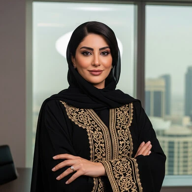 Saudi women's office jobs and professions, a smiling Saudi Arabian Gulf woman wearing a hijab and abaya standing with crossed hands in a confident gesture at the company headquarters, expressions of pleasure and happiness
