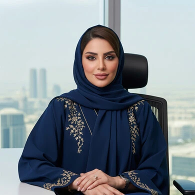 Saudi women's office jobs and professions, a smiling Saudi Arabian Gulf woman wearing a hijab and abaya sitting at her desk with gestures of self-confidence at the company headquarters, expressions of pleasure and happiness
