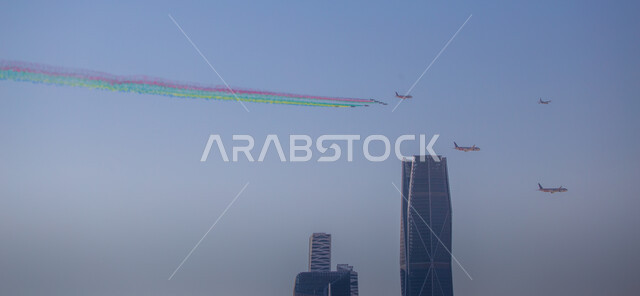 The Air Force parade on Saudi National Day on September 23, showing loyalty and love for the Saudi state, Flag Day activities on March 11, celebrating national holidays and occasions, and performing air shows in the skies of the Kingdom of Saudi Arabia.