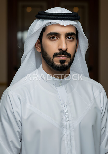 التقاط الصور الشخصية للوثائق الرسمية، الاهتمام بالمظهر الخارجي، صورة مقربة لرجل عربي خليجي اماراتي مبتسم يرتدي الكندورة والغترة ينظر إلى الكاميرا بإيماءات الثقة بالنفس والسرور، مفهوم الأناقة والرجولة