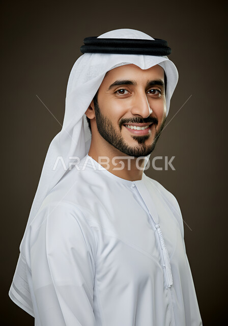 The concept of elegance and masculinity, taking selfies for official documents, taking care of one's appearance, close-up portrait of a smiling Emirati Gulf Arab man wearing a kandura and ghutra, looking at the camera with gestures of self-confidence and pleasure, gray background