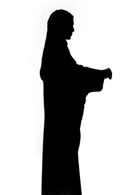 Organizing and arranging time, managing schedules, silhouette of an Arab Gulf Emirati woman wearing a wristwatch looking at it, monitoring the time, hot drinks, setting work appointments, white background