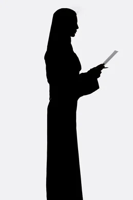 Reading notes and information, reviewing work plans, following up on plans and projects, education and culture, silhouette of an Emirati Gulf Arab woman, holding work papers, research and reports, white background
