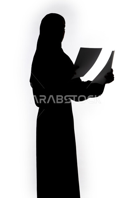 Follow up on plans and projects, reading notes and information, education and culture, silhouette of an Emirati Gulf Arab woman, holding work papers, research and reports, white background