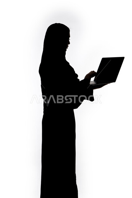 Social media, integrating modern technology into daily life, conducting a live broadcast, using a laptop, completing work tasks remotely, using modern technical devices, silhouette of an Arab Gulf Emirati woman, white background
