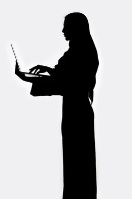 Social media, using a laptop, conducting a live broadcast, completing work tasks remotely, integrating modern technology into daily life, using modern technical devices, silhouette of an Arab Gulf Emirati woman, white background