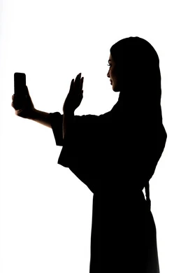 إستخدام اجهزة تقنية حديثة ، اجراء بث مباشر ، التقاط صور سيلفي تذكاريه بإستخدام الهاتف المحمول ، اجراء مكالمه هاتفيه ،صورة ظلية لمرأة عربية خليجية اماراتيه ،وسائل التواصل الإجتماعي ، خلفية بيضاء