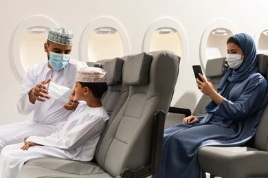 إتباع إجراءات الوقاية من الفايروسات, عائله عربيه خليحيه عمانية ترتدي الزي التقليدي تجلس داخل الطائرة ، إرتداء الكمامة الطبية للوقاية من فايروس كورونا ، خطوط الطيران الجوي ، سياحة وسفر