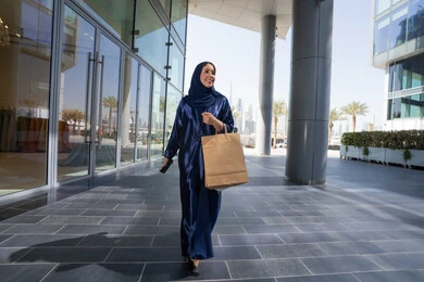 مفهوم التسوق واقتناء الهدايا، سيده سعودية سعودية تحمل بيدها أكياس ورقية, استغلال العروض والتخفيضات الموسمية والجمعة البيضاء، امراة عربيه خليجيه امراتية ترتدي العباءه و الحجاب تتبضع من المولات التجارية و بيدها الهاتف المحمول، الجسم بالطول الكامل