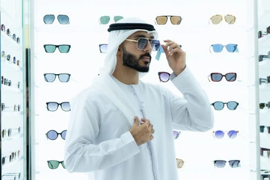 A gesture of self-confidence, an Emirati Gulf Arab man wearing a kandura trying on sunglasses, international brands and types, trying on sunglasses before buying, glasses display shelves inside the store, the pleasure of marketing and buying by choosing suitable sunglasses