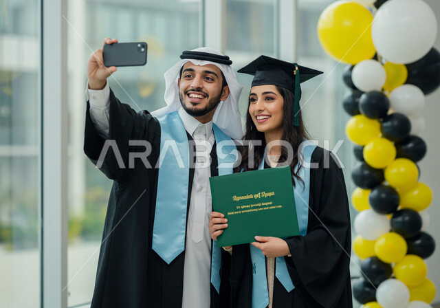 الاحتفال بإنهاء الدراسة الجامعية، مفهوم الاجتهاد والتفوق، طالبان عربيان سعوديان خليجيان يرتدي العباءه وقبعة التخرج يقومان بالتقاط صور سيلفي باستخدام الهاتف المحمول بإيماءات السرور والسعادة, الشعور بالفرح والنجاح، توثيق اللحظات الجميلة، 