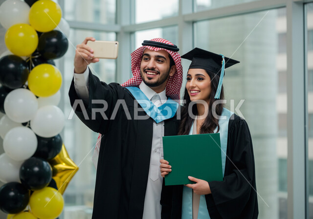الاحتفال بإنهاء الدراسة الجامعية، مفهوم الاجتهاد والتفوق، طالبان عربيان سعوديان خليجيان يرتدي العباءه وقبعة التخرج يقومان بالتقاط صور سيلفي باستخدام الهاتف المحمول بإيماءات السرور والسعادة, الشعور بالفرح والنجاح، توثيق اللحظات الجميلة، 