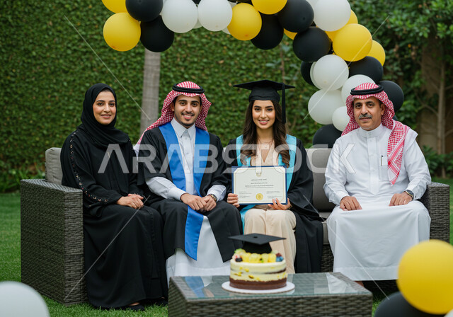 الاحتفال بإنهاء الدراسة الجامعية مع الاهل، مفهوم الاجتهاد والتفوق، طالبان عربيان سعوديان خليجيان يرتدي العباءه وقبعة التخرج ينظران إلى الكاميرا بإيماءات السرور والسعادة, الشعور بالفرح والنجاح