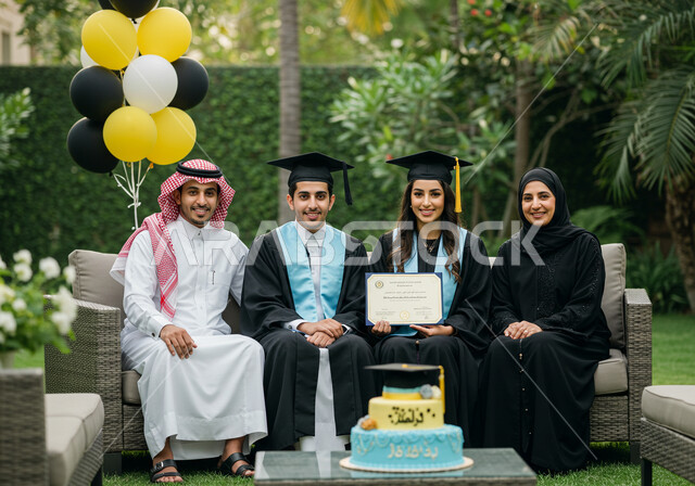 الاحتفال بإنهاء الدراسة الجامعية مع الاهل، مفهوم الاجتهاد والتفوق، طالبان عربيان سعوديان خليجيان يرتدي العباءه وقبعة التخرج ينظران إلى الكاميرا بإيماءات السرور والسعادة, الشعور بالفرح والنجاح