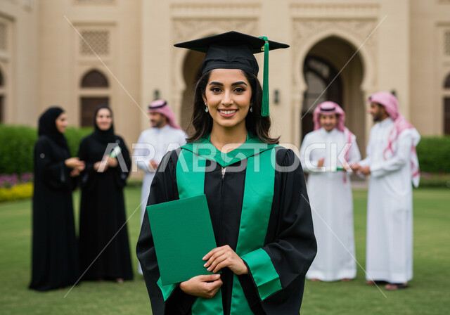 الاحتفال بإنهاء الدراسة الجامعية، تعابير السرور والسعادة بالنجاح، طالبة عربية خليجية سعودية ترتدي عباءه وقبعة التخرج تمسك بيدها الشهادة تنظر الى الكاميرا بإيماءات الرضا والسرور، الشعور بالفخر والثقة بالنفس، مفهوم الاجتهاد والتفوق