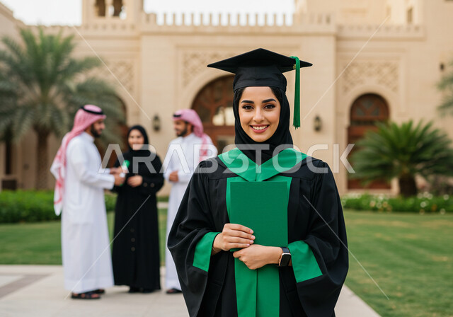الاحتفال بإنهاء الدراسة الجامعية، تعابير السرور والسعادة بالنجاح، طالبة عربية خليجية سعودية ترتدي عباءه وقبعة التخرج تمسك بيدها الشهادة تنظر الى الكاميرا بإيماءات الرضا والسرور، الشعور بالفخر والثقة بالنفس، مفهوم الاجتهاد والتفوق